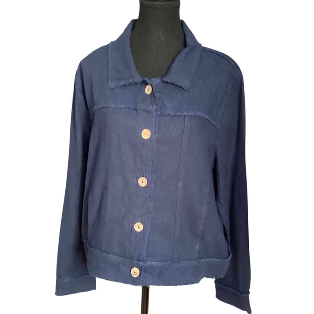 Charlie Paige Raw Edge Linen  Bomber Jacket, Navy, Large